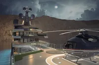 Luxurious yacht "Project Raptor" 2028 with helicopter on deck, set against a moonlit backdrop.