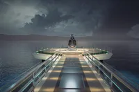 Futuristic yacht helipad with helicopter, Project Raptor 2028, under a dramatic night sky.