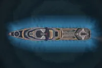 Aerial view of futuristic yacht, Custom Project Raptor 2028, sailing with illuminated wake.