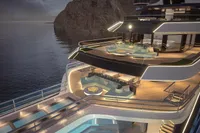 Luxurious yacht "Project Raptor" 2028 with illuminated decks and modern design at sunset.
