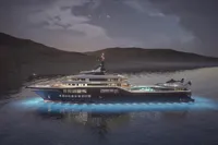 Luxurious Custom Project Raptor yacht, 2028 model, illuminated at night on serene waters.