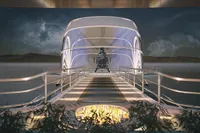 Luxurious yacht "Project Raptor" with helicopter, futuristic design, 2028 model, nighttime setting.