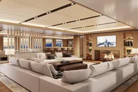 Luxurious modern living room with plush seating, fireplace, and large TV, aboard Custom Project Raptor 2028.