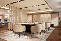 Luxurious dining area on Custom Project Raptor 2028 yacht, featuring elegant decor and modern furnishings.