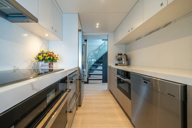 Day One Yacht Photos Pics Modern kitchen in 2020 Hargrave C92 yacht with sleek appliances and elegant design.
