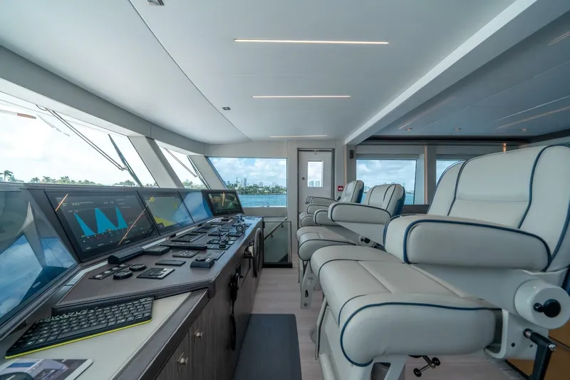 Day One Yacht Photos Pics Luxurious 2020 Hargrave C92 yacht helm with modern controls and plush seating.