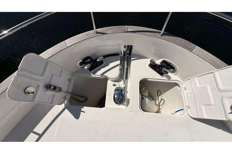 Electric Summer Yacht Photos Pics 2024 Greenline 48 Fly Hybrid yacht deck with open storage compartments.