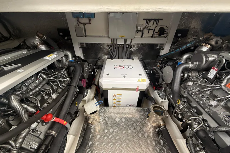 Electric Summer Yacht Photos Pics Engine room of 2024 Greenline 48 Fly Hybrid yacht, showcasing advanced hybrid technology.