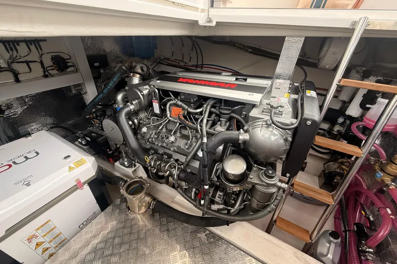 Electric Summer Yacht Photos Pics Engine room of 2024 Greenline 48 Fly Hybrid yacht, featuring Yanmar engine and equipment.