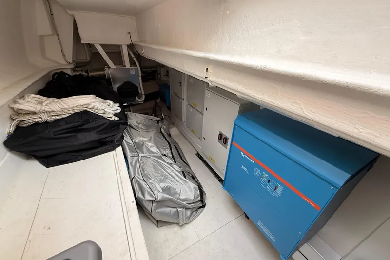Electric Summer Yacht Photos Pics Storage area of 2024 Greenline 48 Fly Hybrid yacht with equipment and ropes.
