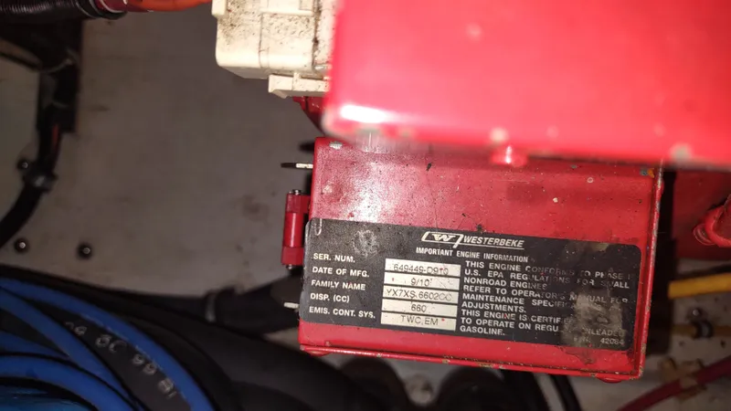  Yacht Photos Pics Engine compartment of a 2000 Tiara Yachts 3500 Open, featuring Westerbeke engine label.