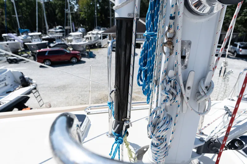 Altair Yacht Photos Pics Close-up of rigging on a 2002 Passport 470 Center Cockpit Ketch sailboat.