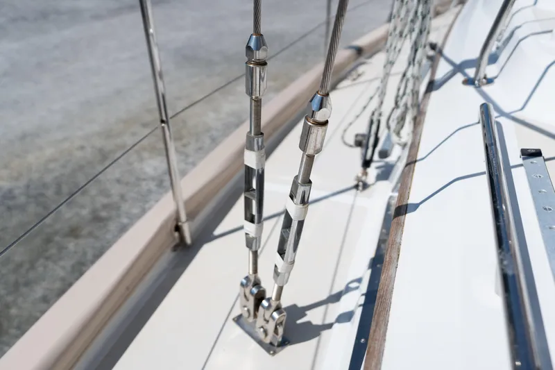 Altair Yacht Photos Pics Close-up of rigging on a 2002 Passport 470 Center Cockpit Ketch sailboat.