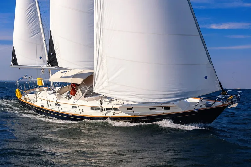 Altair Yacht Photos Pics Sailing the ocean, 2002 Passport 470 Center Cockpit Ketch with full sails under blue sky.