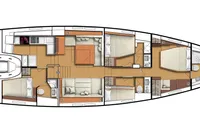Floor plan of a 2021 CNB 66 yacht, featuring multiple cabins and a kitchen area.