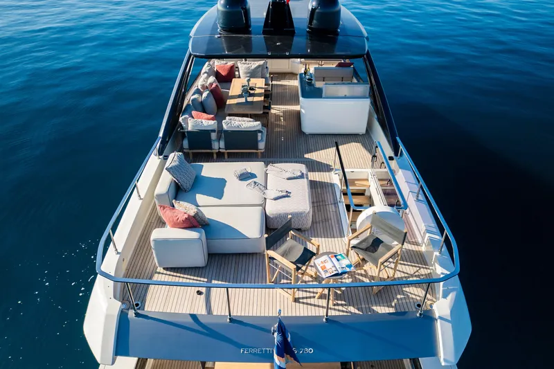 Dogu Yacht Photos Pics Luxurious 2021 Ferretti Yachts 780 with spacious deck and elegant seating on calm waters.