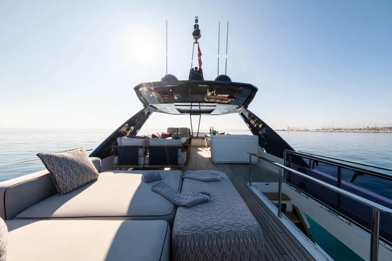 Dogu Yacht Photos Pics Luxurious 2021 Ferretti Yachts 780 on calm sea, featuring spacious sun deck and modern design.