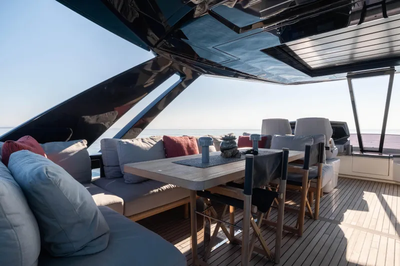 Dogu Yacht Photos Pics Luxurious 2021 Ferretti Yachts 780 interior with elegant seating and dining area.