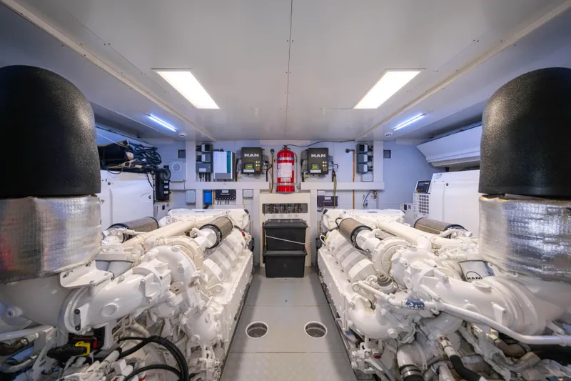 Dogu Yacht Photos Pics Engine room of 2021 Ferretti Yachts 780, featuring dual engines and modern equipment.