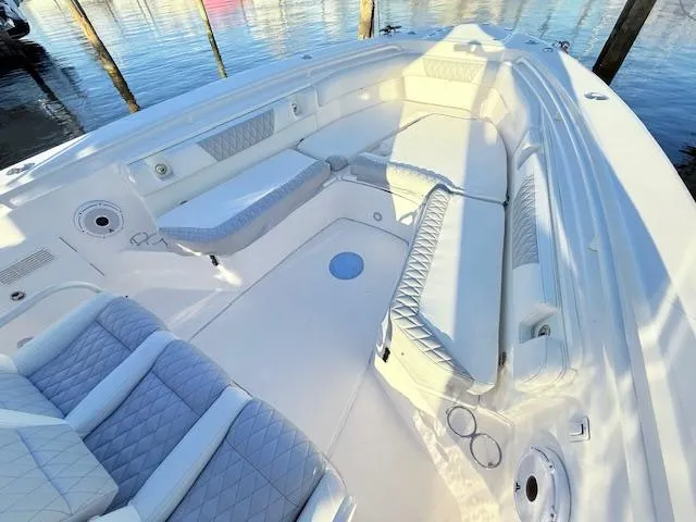  Yacht Photos Pics 2014 Everglades 355 Center Console boat interior with luxurious seating and sleek design.