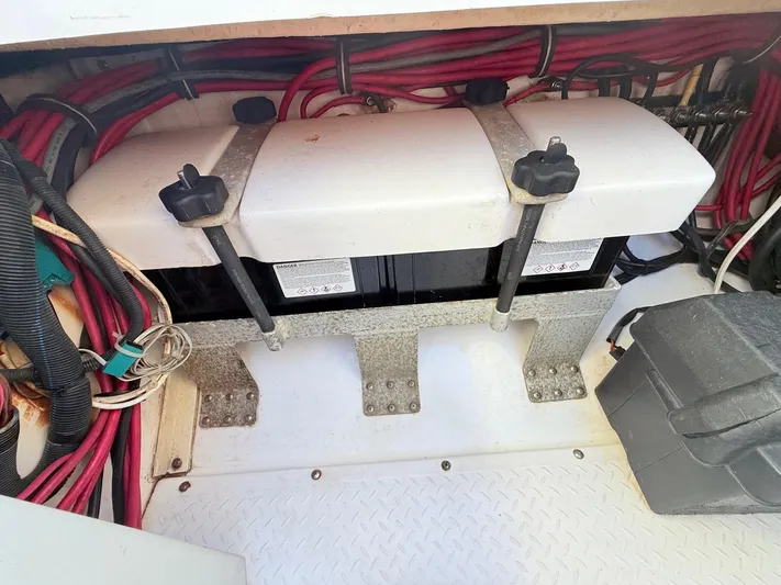  Yacht Photos Pics 2014 Everglades 355 Center Console battery compartment with wiring and secure mounts.