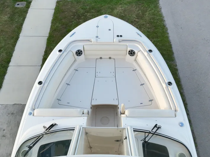 Sweet Life Yacht Photos Pics 2019 Grady-White Freedom 325 boat, aerial view of bow seating area.