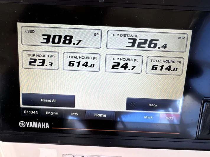 Sweet Life Yacht Photos Pics Display screen showing fuel usage and trip data for 2019 Grady-White Freedom 325 boat.