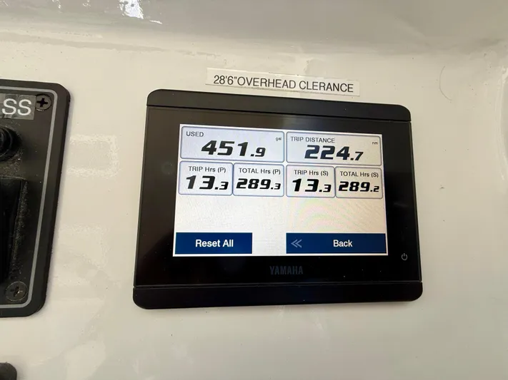 Reel Conversation Yacht Photos Pics Digital display on 2023 Millennium Marine NuWave 37 showing trip data and fuel usage.