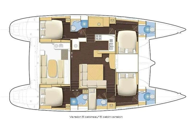  Yacht Photos Pics Floor plan of a 2008 Lagoon 500 catamaran with five cabins and bathrooms.