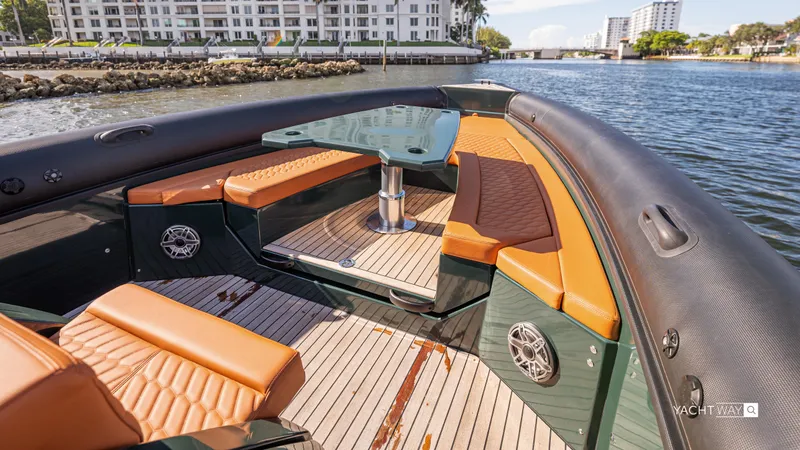 2025 Skipper 38 Twin 400 - Rolls-royce Limited Ed Yacht Photos Pics Luxurious 2025 Skipper-BSK 38NC boat interior with leather seating and waterfront view.