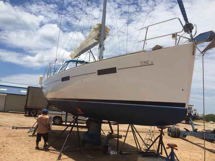 Sv Tonic III Yacht Photos Pics Beneteau Oceanis 41.1 sailboat on stands, 2012 model, under maintenance.