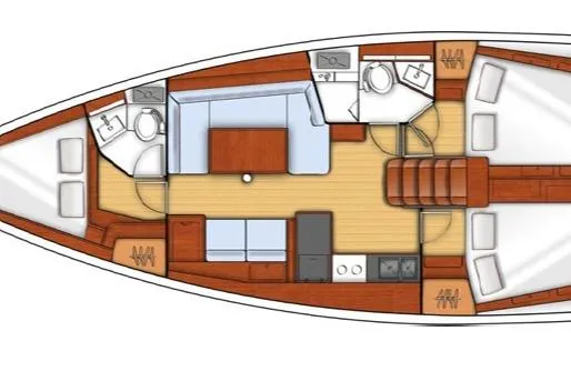 Sv Tonic III Yacht Photos Pics Floor plan of a 2012 Beneteau Oceanis 41.1 sailboat, featuring cabins, bathrooms, and a central living area.