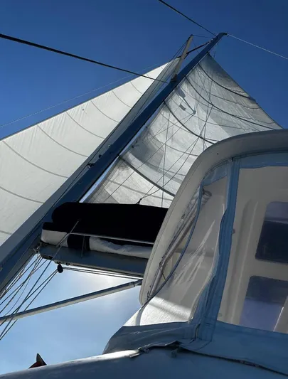 Oe Hani Yacht Photos Pics Sailing yacht Leopard 58, 2018 model, with sails unfurled against a clear blue sky.