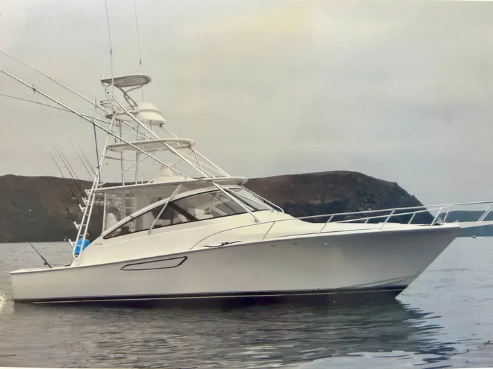  Yacht Photos Pics 2012 Viking 42 Open yacht on calm water with coastal backdrop.