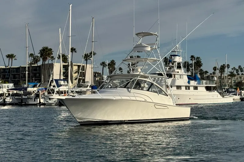  Yacht Photos Pics 2012 Viking 42 Open yacht cruising in a marina with sailboats and palm trees.