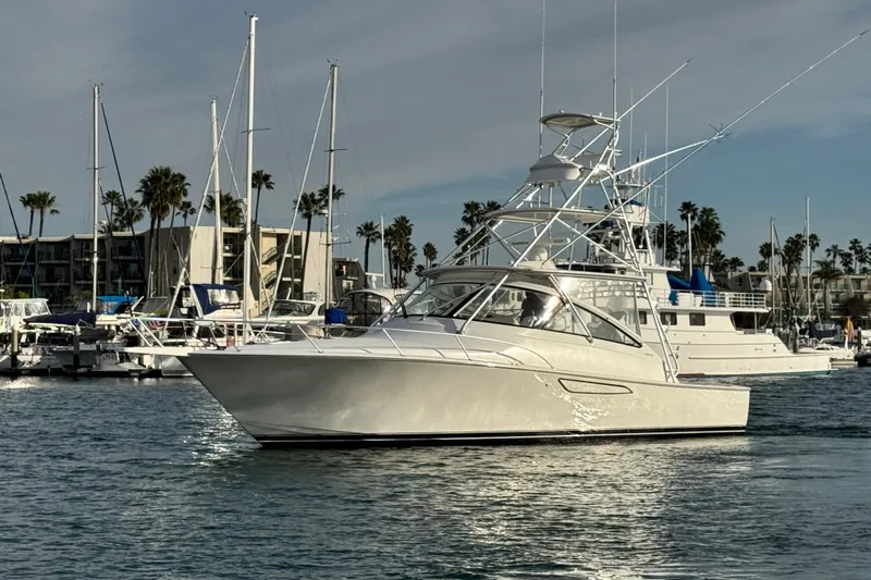  Yacht Photos Pics 2012 Viking 42 Open yacht docked in a marina with palm trees and boats.