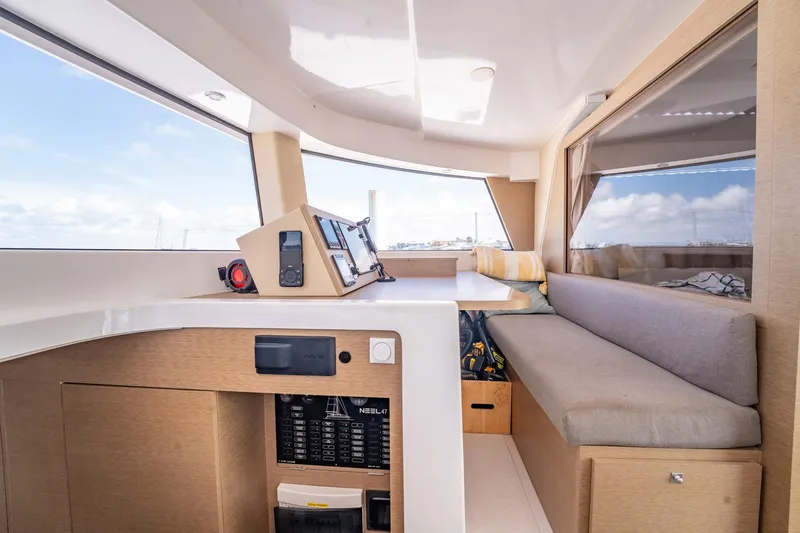 Big Bird Yacht Photos Pics Interior of 2021 NEEL 47 yacht with modern navigation equipment and comfortable seating.