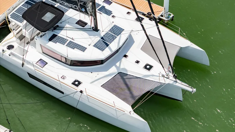 Big Bird Yacht Photos Pics Aerial view of 2021 NEEL 47 trimaran docked on green water.