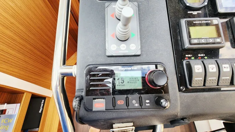 Sea-solar Sue & Lectric Lee Yacht Photos Pics Control panel of a 2022 Greenline 40 yacht featuring Raymarine and Volvo Penta systems.