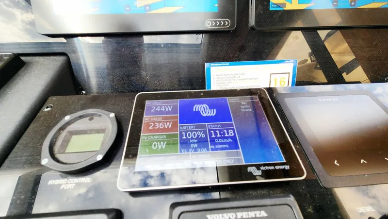 Sea-solar Sue & Lectric Lee Yacht Photos Pics Control panel of a 2022 Greenline 40 boat displaying energy usage and battery status.