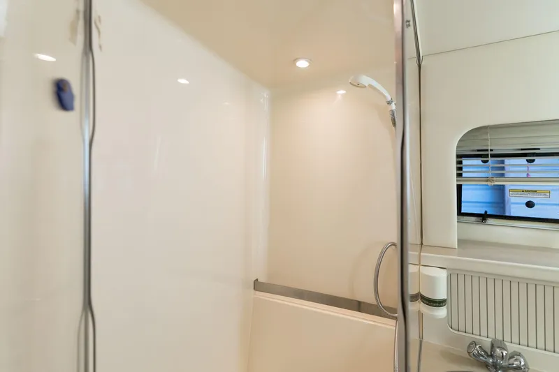 Shore Leave Yacht Photos Pics 1998 Carver 355 Aft Cabin bathroom with shower and window.