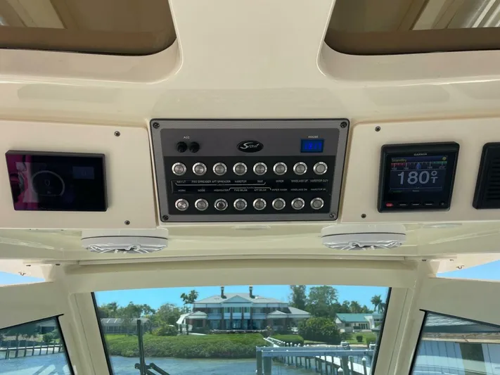 Exit Strategy Yacht Photos Pics 2020 Scout 355 LXF Center Console dashboard with control panel and digital displays.