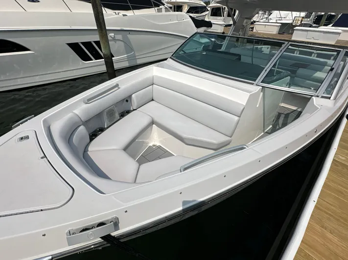 Head Honcho Yacht Photos Pics 2021 Aviara AV36 I/O boat with sleek white seating and modern design.