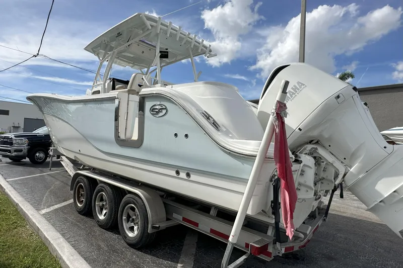  Yacht Photos Pics 2018 Sea Fox 328 Commander boat on trailer, featuring Yamaha outboard motor.