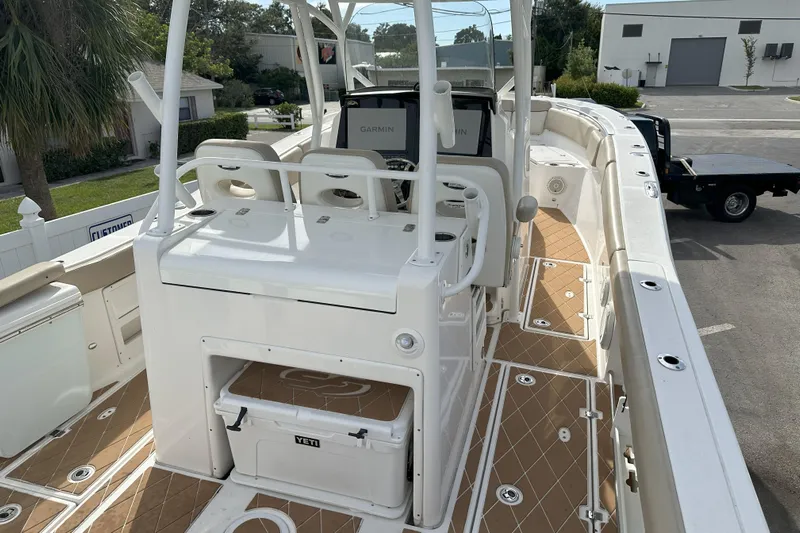  Yacht Photos Pics 2018 Sea Fox 328 Commander boat with Garmin electronics and Yeti cooler on deck.