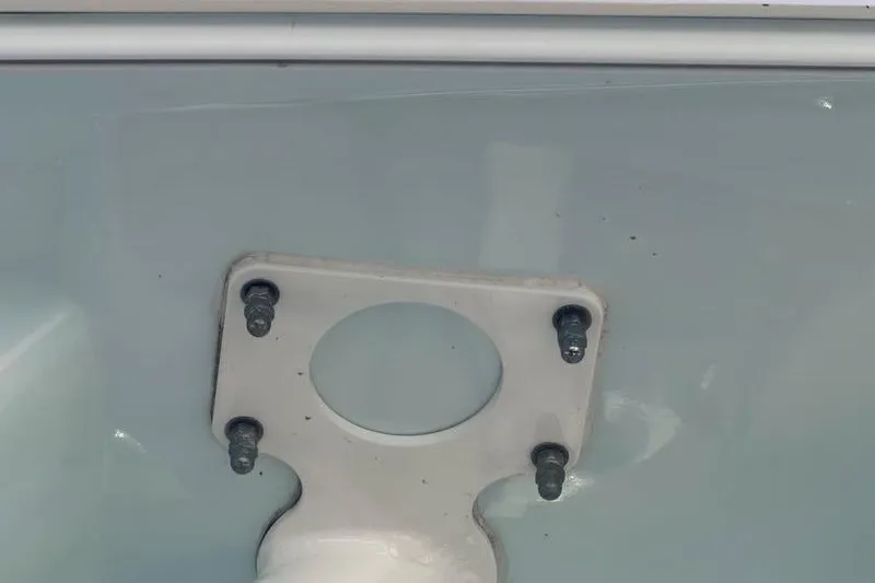  Yacht Photos Pics Close-up of a 2018 Sea Fox 328 Commander boat component with bolts and mounting plate.