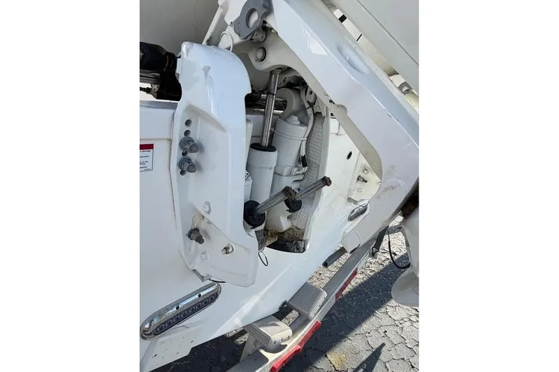  Yacht Photos Pics Close-up of 2018 Sea Fox 328 Commander boat engine mount and components.