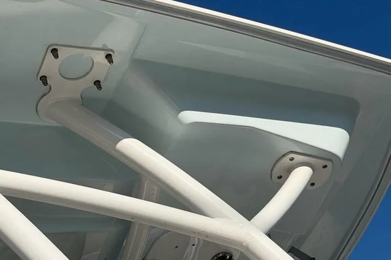  Yacht Photos Pics Close-up of 2018 Sea Fox 328 Commander boat structure against blue sky.