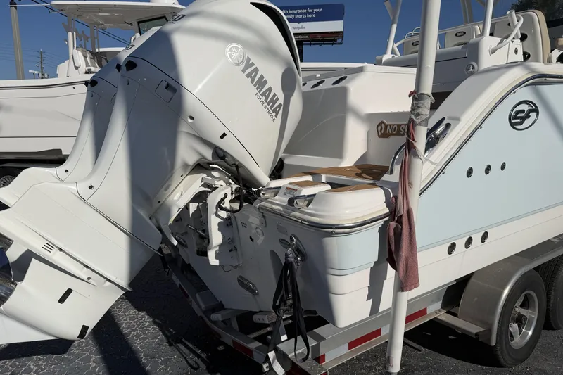  Yacht Photos Pics 2018 Sea Fox 328 Commander boat with Yamaha outboard engine on trailer.