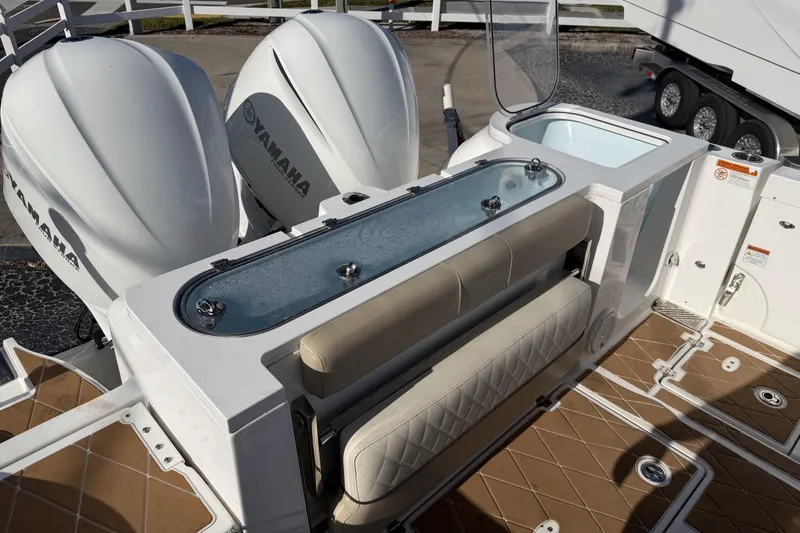  Yacht Photos Pics 2018 Sea Fox 328 Commander boat with Yamaha engines and seating area.